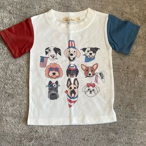 Nora Madison White Tee with Red & Blue Sleeves - Patriotic Dog Faces
